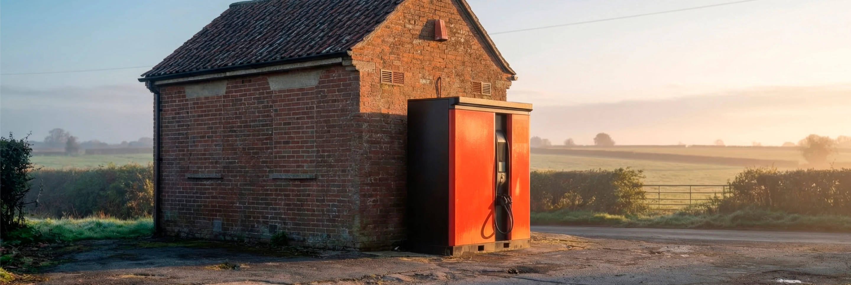 TUAL PowerUp Charger beside a rural brick building at sunrise